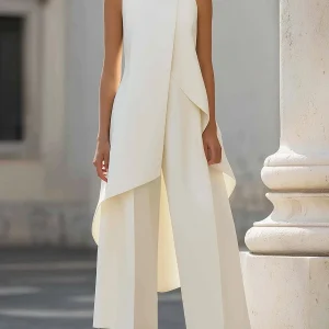 Emma | Dame Asymmetrisk High-Neck Ærmeløs Wide-Leg Bukse Sæt