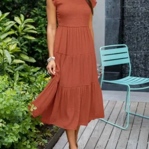 Mathilde | Dame Elegant Terrakotta Midi Kjole med Flæse Ærmer