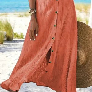 Olivia | Dame Højtaljeret Knapfront Maxi Nederdel Linned-Look