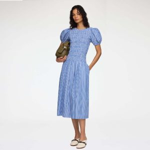 GANNI A1030646 Stripe Cotton Long Smocked kjole - Nouvean Navy