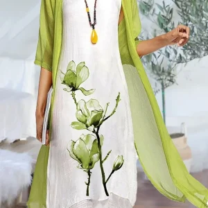 Ella | Kvinders Linen Midi Kjole med Chiffon Cardigan Sæt