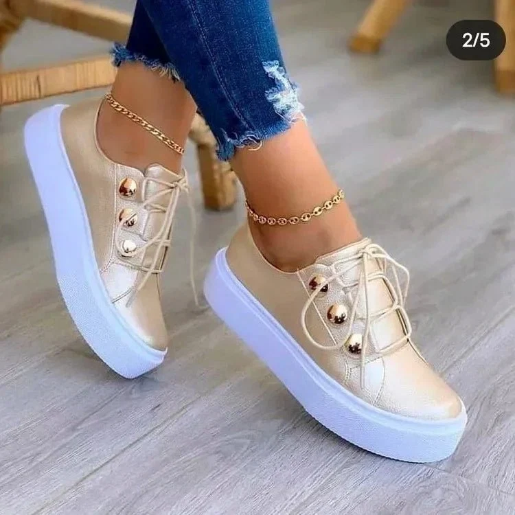 Clara | Kvinders Ortopædiske Plateau Sneakers Snørebånd Guldnitter - Billede 5